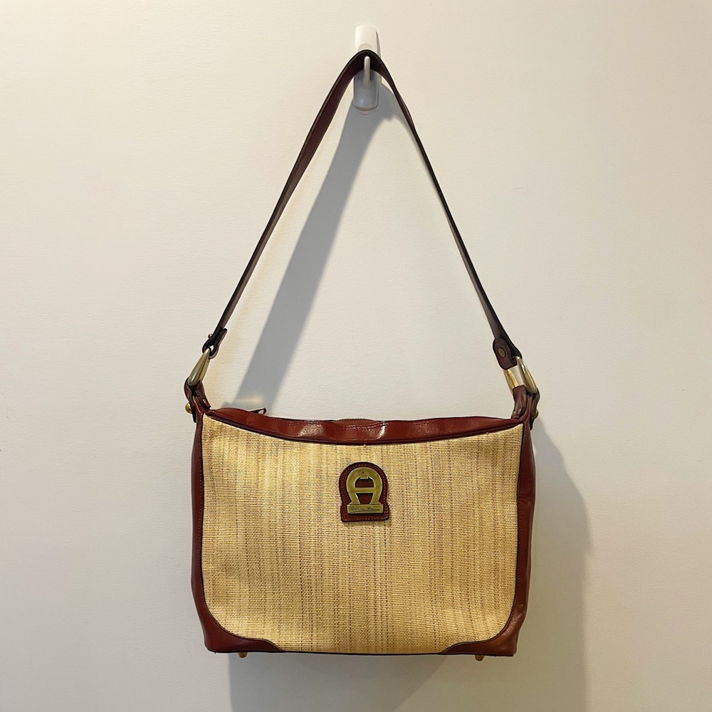 RARE Vintage 70s Etienne Aigner Burgundy Leather and Raffia Shoulder Bag/Handbag